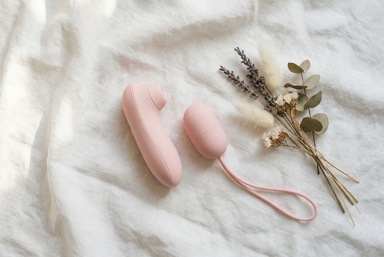 Vibromasseur rose en silicone avec capteur et cordon, posé sur linge blanc près de brins de fleurs; idée d’un sextoy pour débuter.
