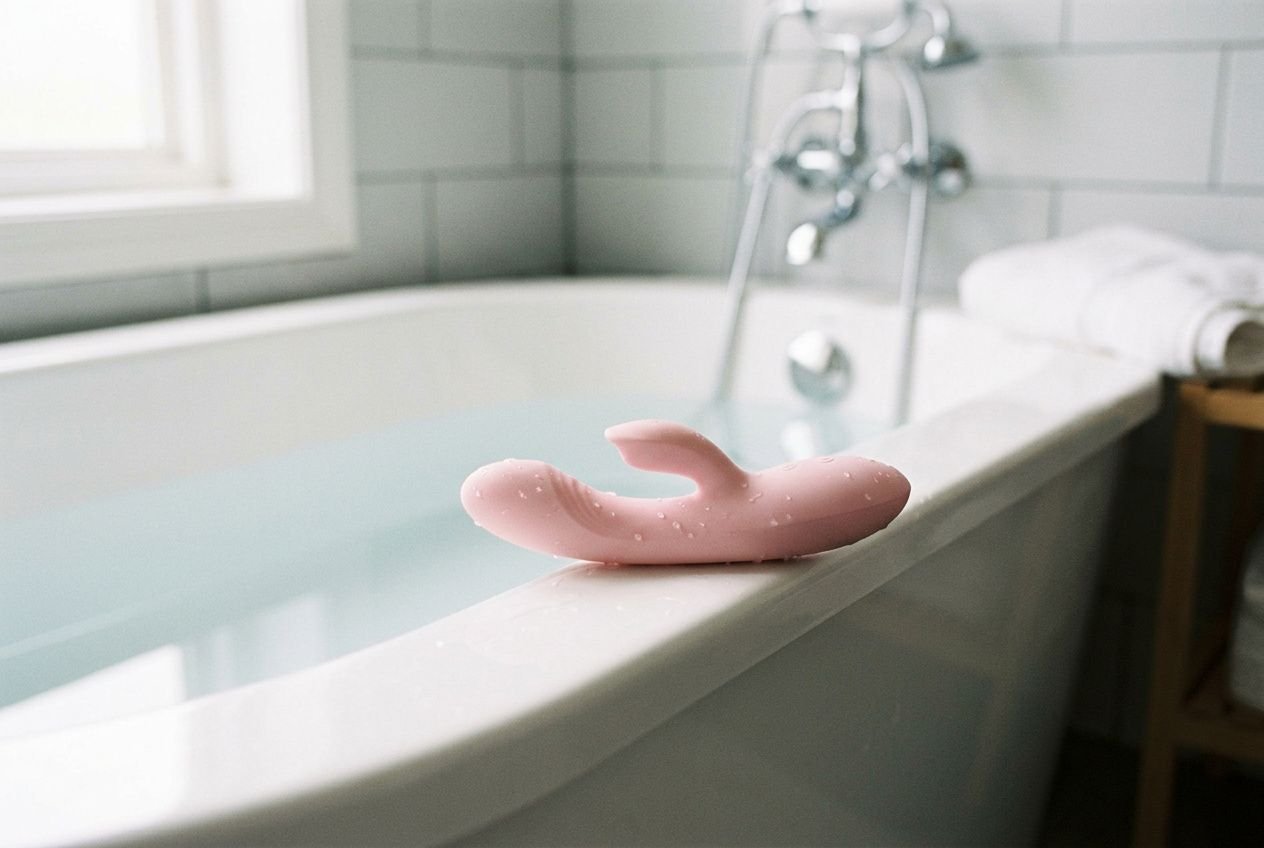 Vibromasseur waterproof posé sur le rebord d’une baignoire, prêt pour une utilisation dans le bain.