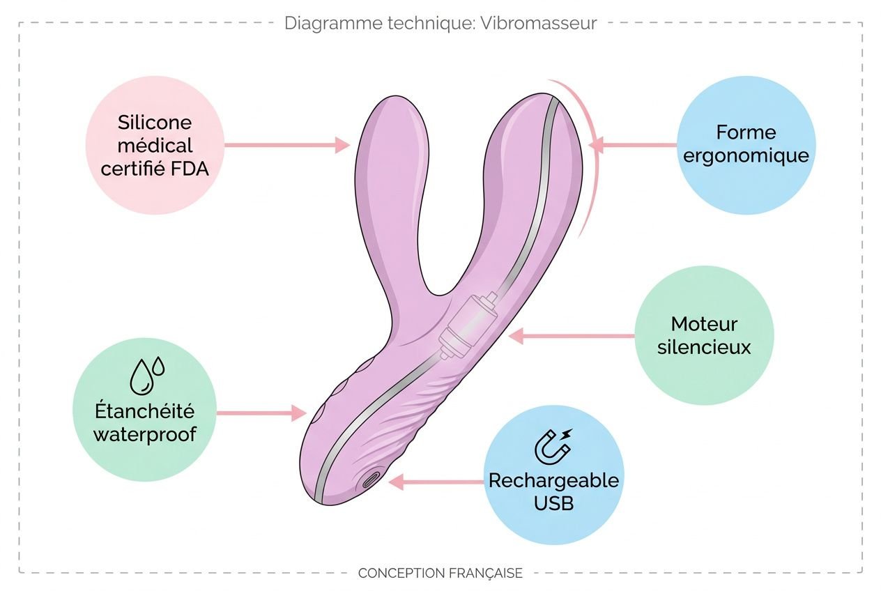 Vitesse vibromasseur : schéma technique montrant silicone médical FDA, forme ergonomique et moteur silencieux, recharge USB et étanchéité.