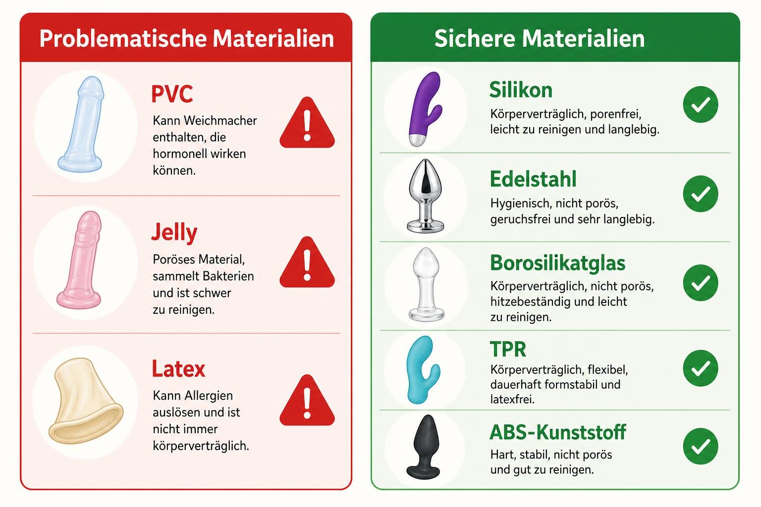 Welche weichmacher sind in sextoys: Infografik über problematische Materialien wie PVC, Jelly und Latex versus sichere Materialien wie Silikon, Edelstahl, Borosilikatglas, TPR und ABS-Kunststoff.