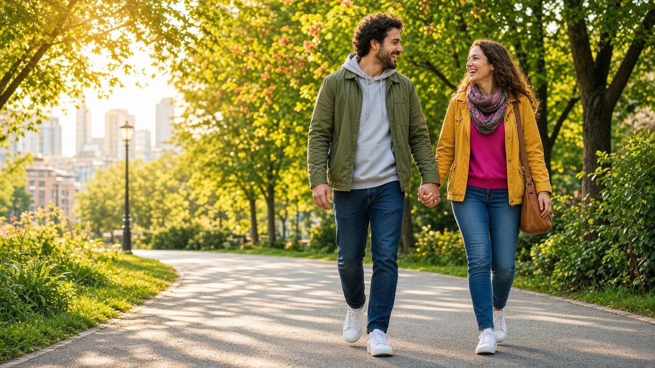 Un couple heureux marche main dans la main dans un parc lumineux.