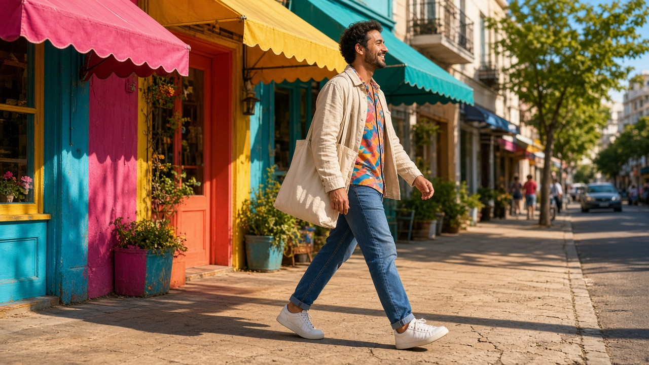 Un homme souriant avance d'un pas léger dans une rue colorée, l'air confiant et détendu.