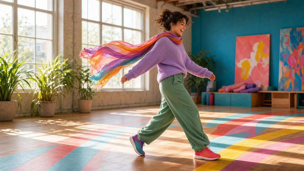 Femme joyeuse en mouvement dans un studio lumineux, image de confiance et de bien-etre.