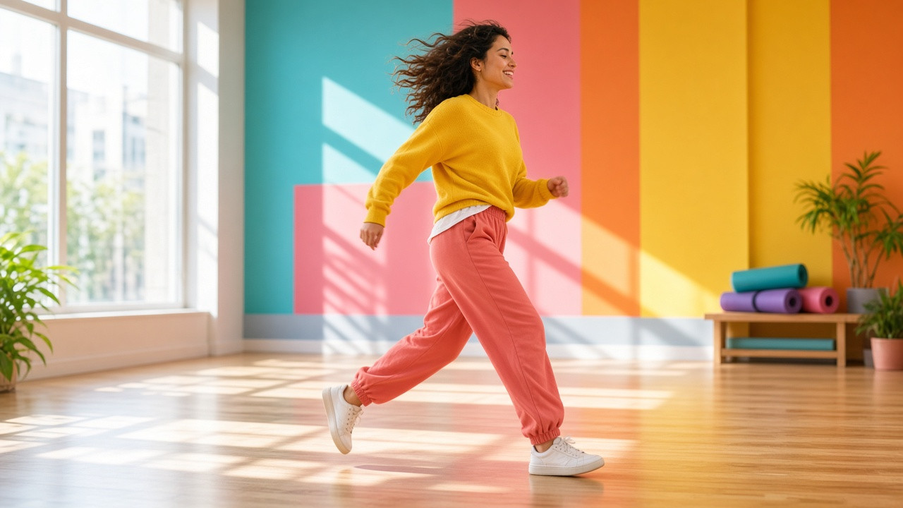 Une femme souriante en tenue decontractee bouge avec energie dans un studio lumineux.