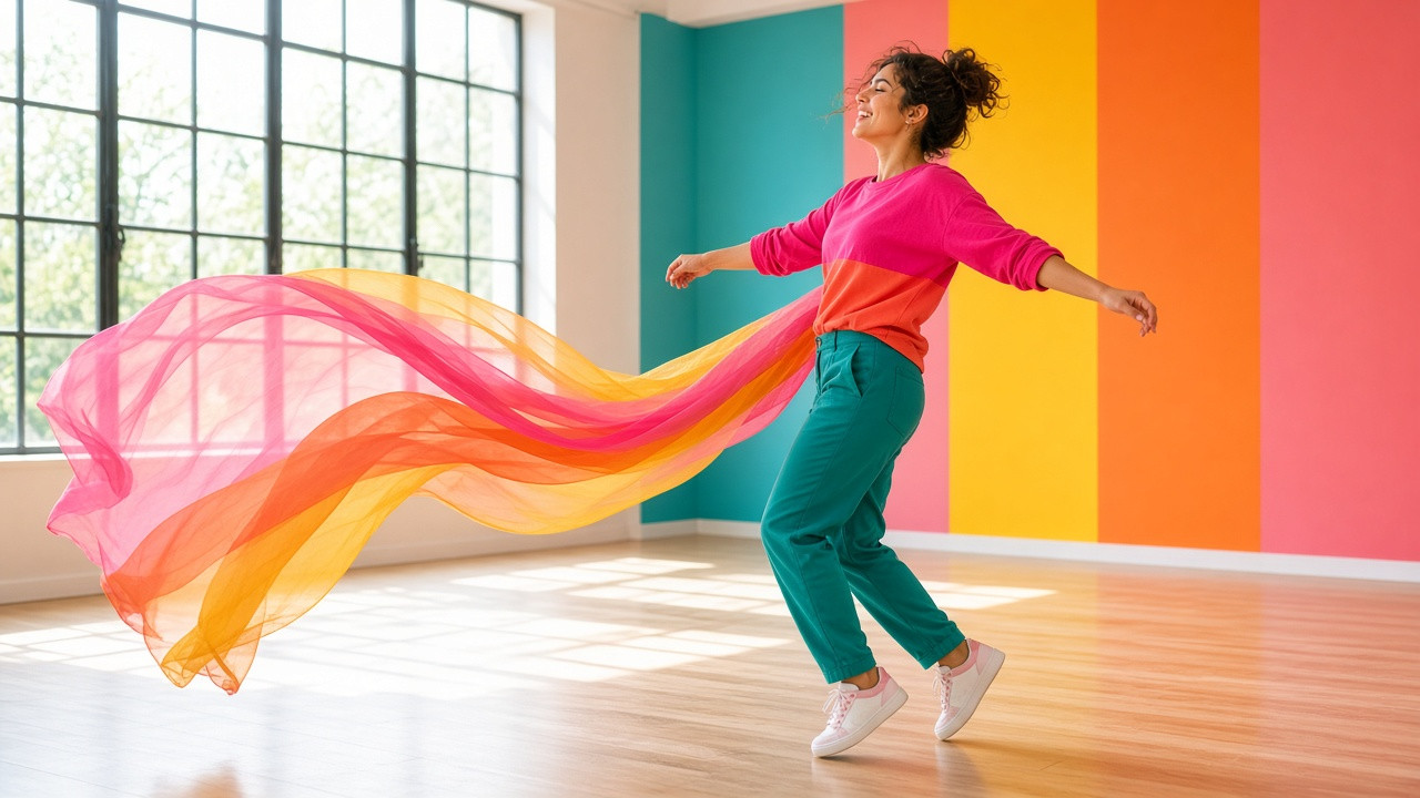 Énergie et confiance : une femme en tenue décontractée danse dans un studio lumineux.
