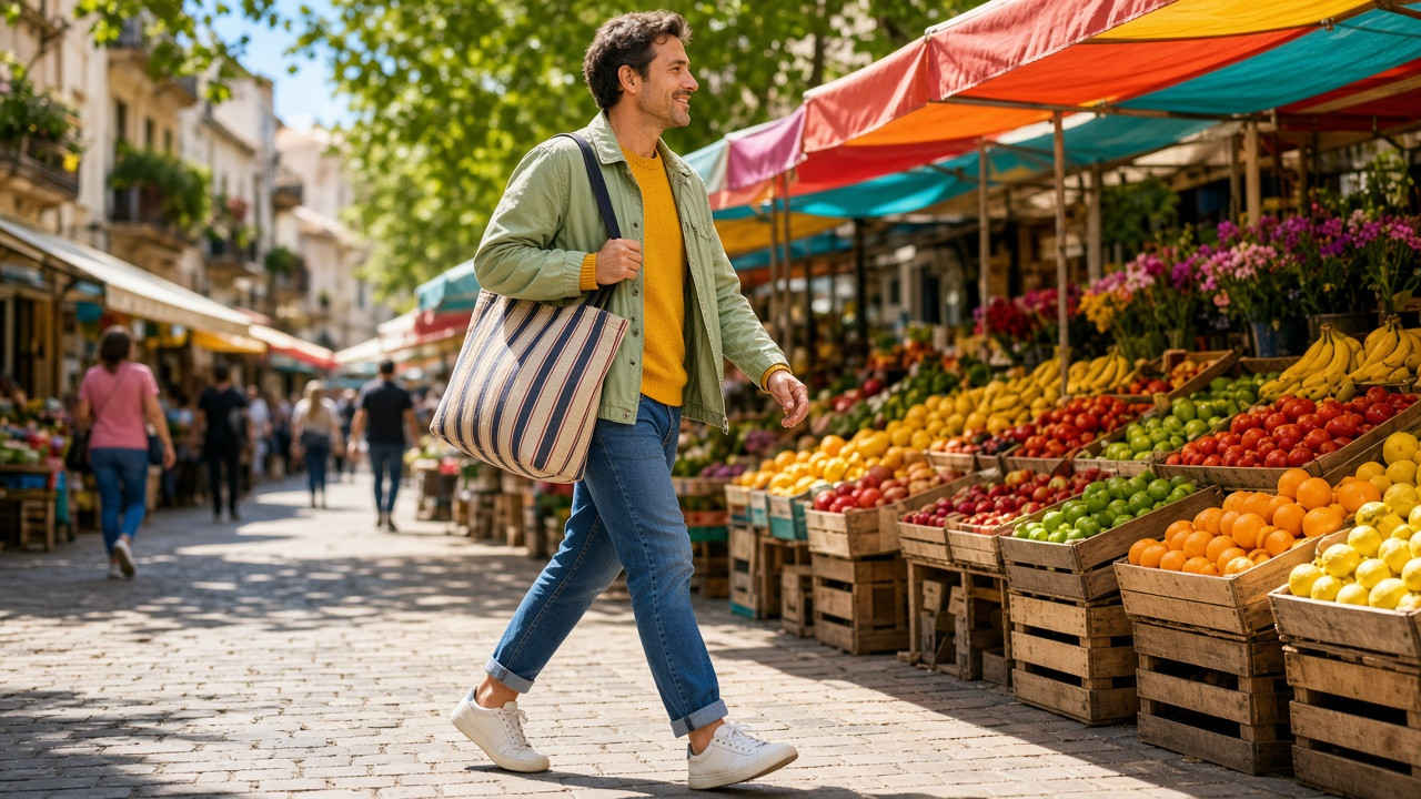 Un homme souriant avance d'un pas léger dans un marché ensoleillé, porté par la confiance et le bien-être.