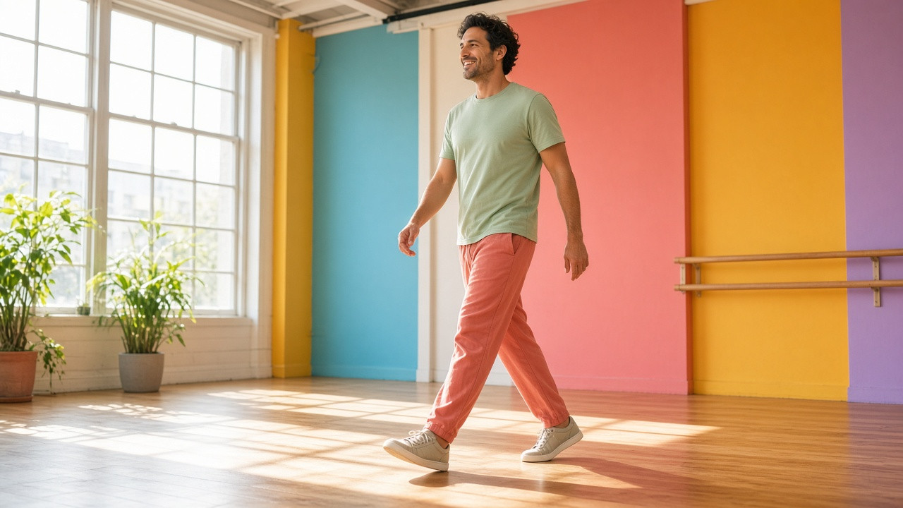 Un homme souriant en mouvement dans un studio lumineux, pour une image de confiance et de bien-être.